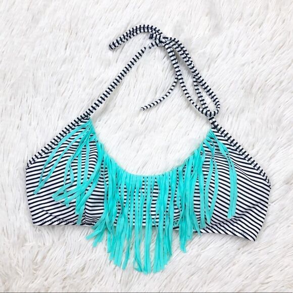 Victoria’s Secret Swim Black White Striped Fringe Bikini Top Small - Picture 1 of 3